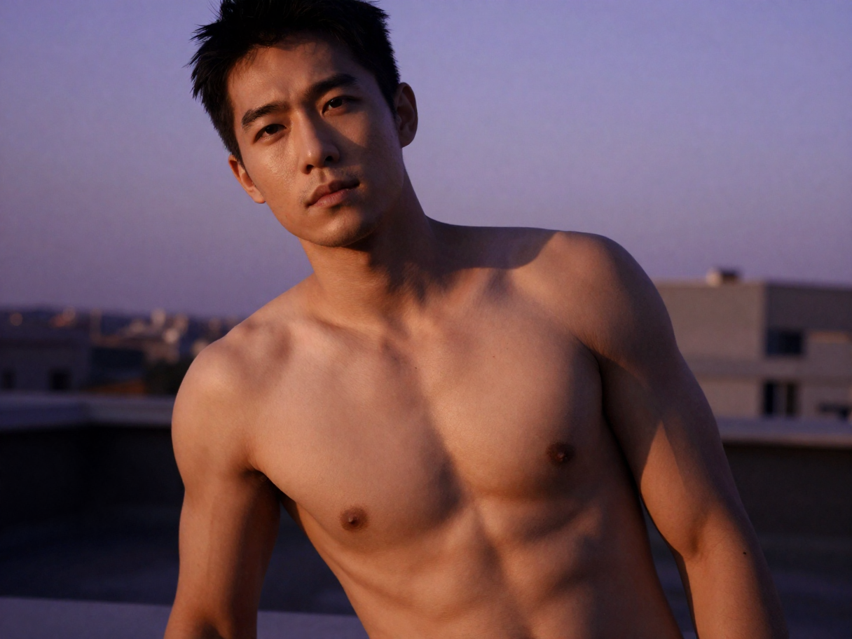 fictional adult man age 30, athletic build, intimate sensual composition with tasteful nudity, private rooftop at